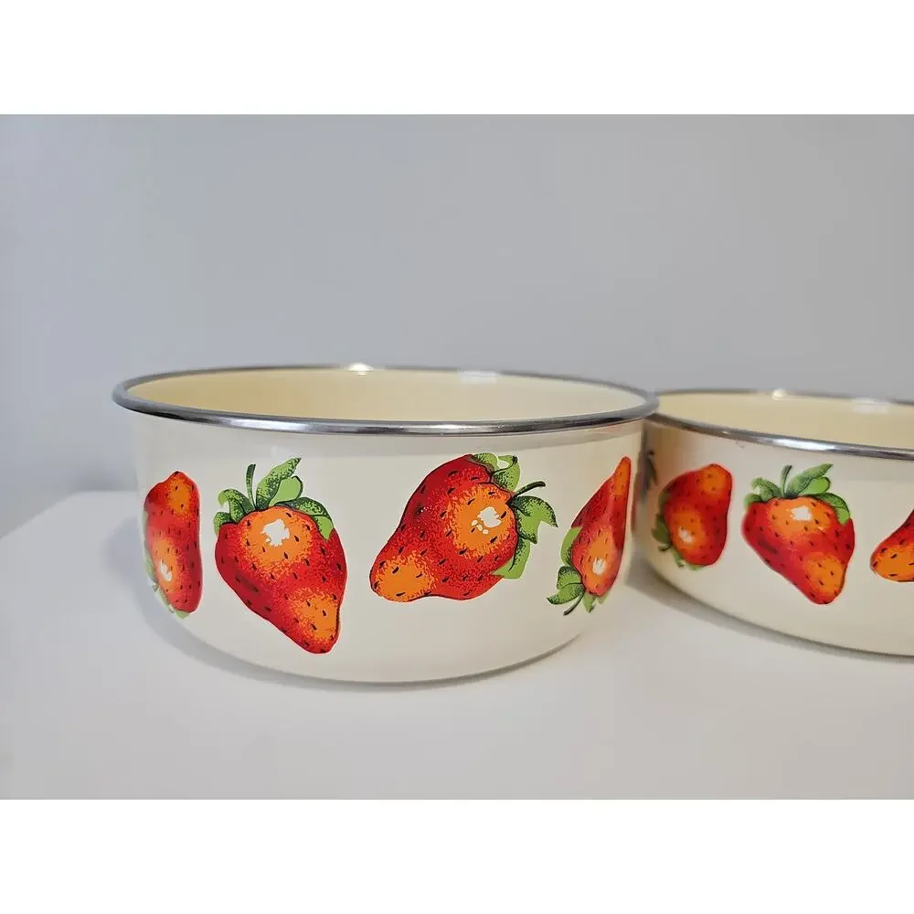 Two Vintage Kobe Enamel Bowls Cream Strawberry Nesting Mixing Cottagecore